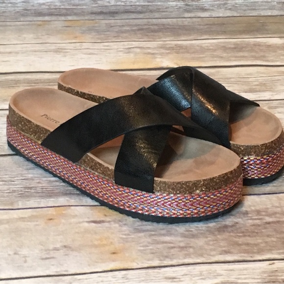 Pierre Dumas platform sandal/slide Black with multi color wedge platform base. - Picture 1 of 2